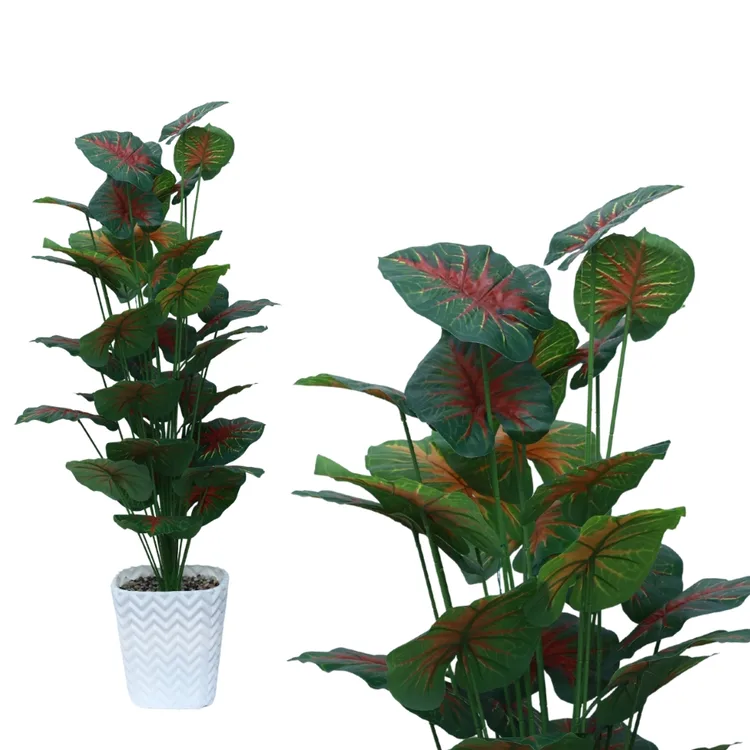 Red-Veined Caladium Foliage Plant in Pot |  Artificial Caladium Plant for Home Décor | Realistic Green & Red Leaf Indoor Plant | Decorative Artificial Plant for Living Room, Bedroom, Office, Hotel & Reception