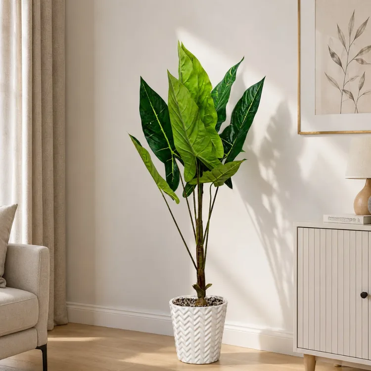 Giant Elephant Ear Alocasia in Pot | Artificial Green Leaf Plant with Decorative Pot | Realistic Tropical Foliage Plant for Home, Office, Living Room & Bedroom Décor | Low-Maintenance Indoor Plant — view 2
