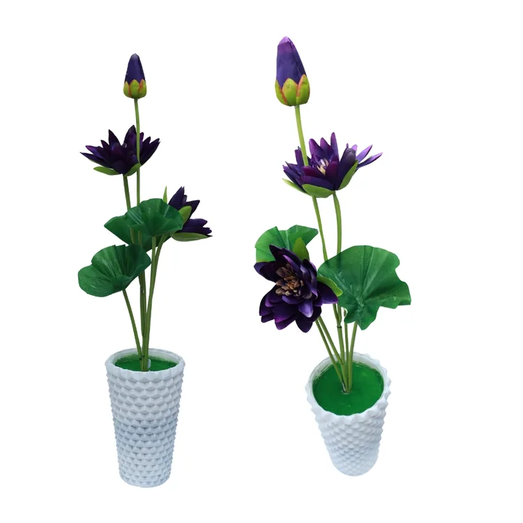Purple Lotus Blossom Stems in White Pot | Flower Bunch | Fabric | No Watering Required, Home Décor, Indoor Use