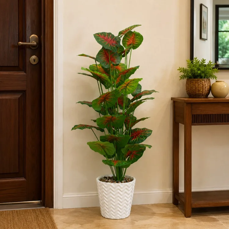 Red-Veined Caladium Foliage Plant in Pot |  Artificial Caladium Plant for Home Décor | Realistic Green & Red Leaf Indoor Plant | Decorative Artificial Plant for Living Room, Bedroom, Office, Hotel & Reception — view 2