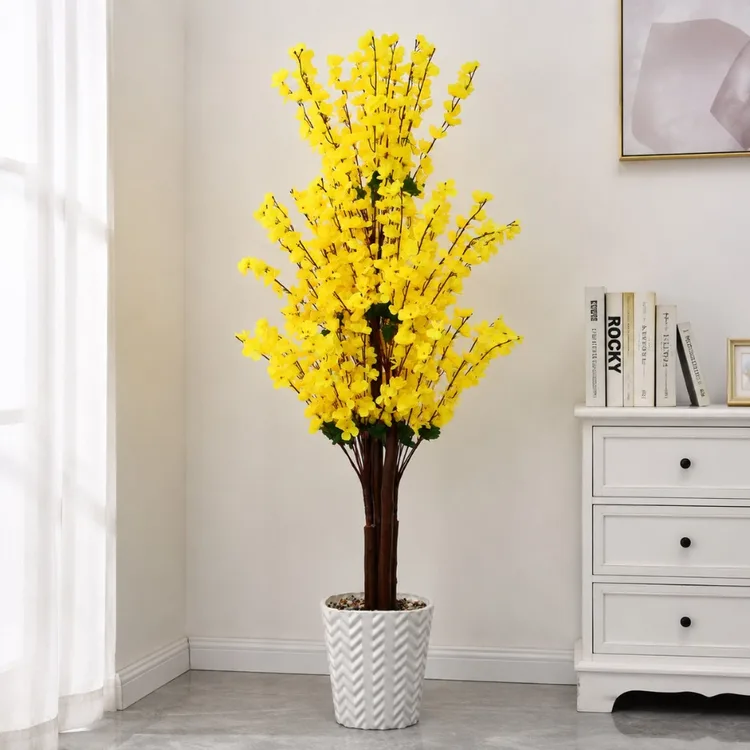 5Ft  Golden Yellow Blossom Tree | Tall Artificial Forsythia Tree |  Fake Tree Faux Silk Plant | Plastic Nursery Pot,Artificial Plants  | for Home Office Indoor Decor