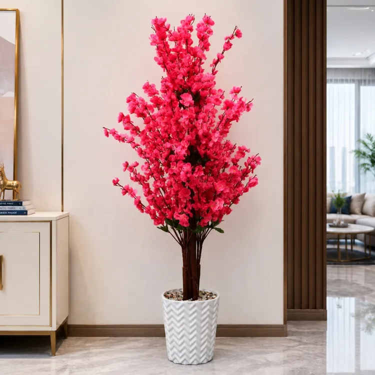 5Ft Crimson Red Cherry  Blossom Tree | Tall Artificial Forsythia Tree |  Fake Tree Faux Silk Plant | Plastic Pot,Artificial Plants  | for Home Office Indoor Decor