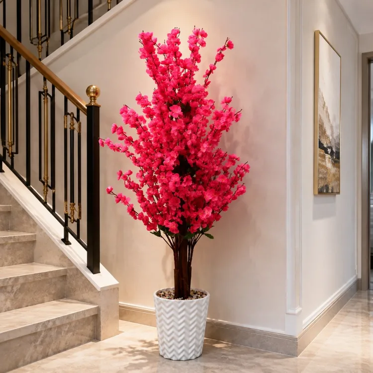 5Ft Crimson Red Cherry  Blossom Tree | Tall Artificial Forsythia Tree |  Fake Tree Faux Silk Plant | Plastic Pot,Artificial Plants  | for Home Office Indoor Decor — view 4